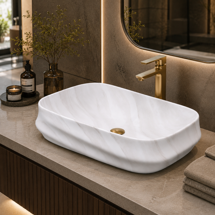White marble pattern matte ceramic table top wash basin, 600x430x150 mm, with sculpted rectangular design for modern luxury bathrooms.