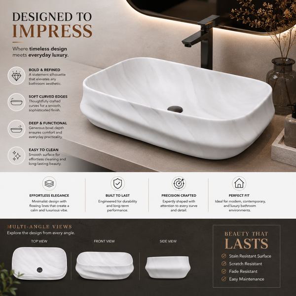 White Marble Matte Ceramic Designer Table Top Wash Basin – 600×430×150 mm