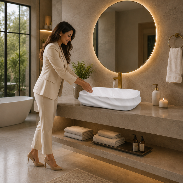 White marble pattern matte ceramic table top wash basin, 600x430x150 mm, with sculpted rectangular design for modern luxury bathrooms.