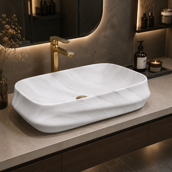 White Marble Matte Ceramic Designer Table Top Wash Basin – 600×430×150 mm