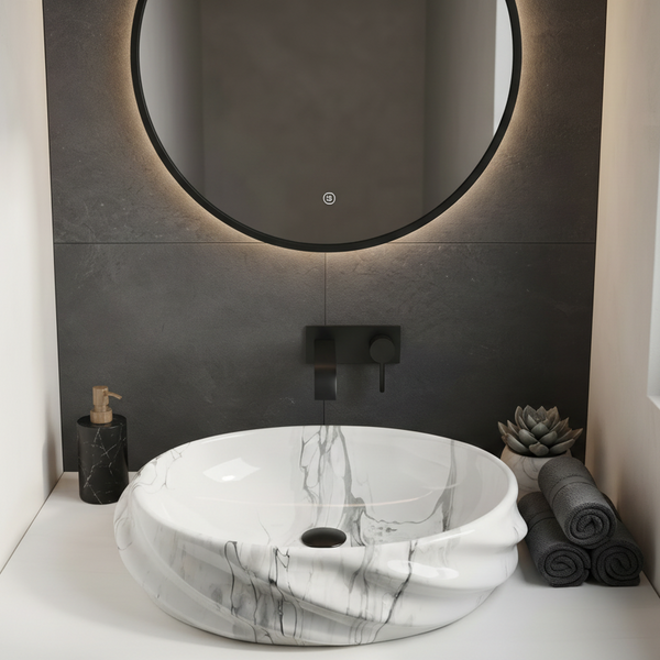 White Grey Glossy Marble Oval Countertop Wash Basin – (21" × 13" × 6" IN)