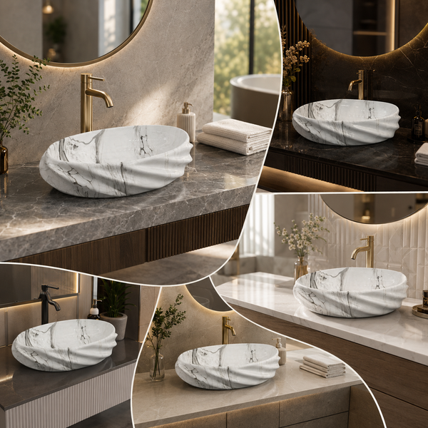 White Grey Glossy Marble Oval Countertop Wash Basin – (21" × 13" × 6" IN)