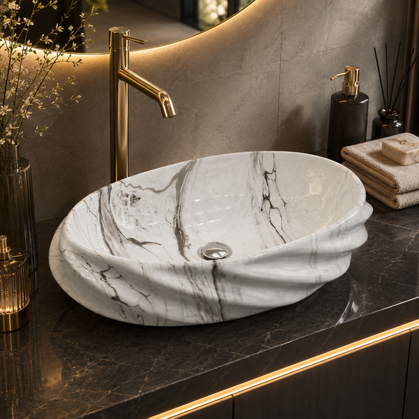 White Grey Glossy Marble Oval Countertop Wash Basin – (21" × 13" × 6" IN)