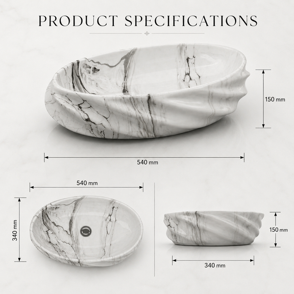 White Grey Glossy Marble Oval Countertop Wash Basin – (21" × 13" × 6" IN)