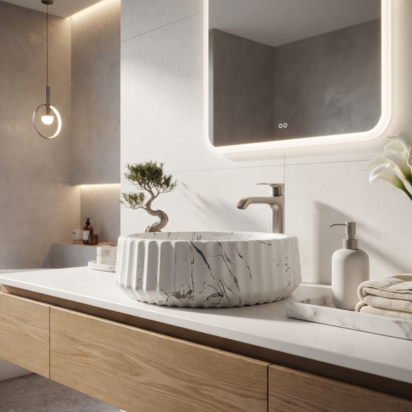 White Marble Pattern Round Ceramic Table Top Wash Basin with Fluted Design – 370×370×135 mm