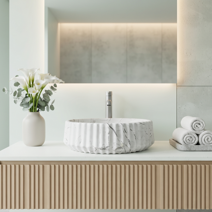 White marble pattern round ceramic table top wash basin 370x370x135 mm with grey veining and vertical fluted exterior design.