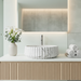 White marble pattern round ceramic table top wash basin 370x370x135 mm with grey veining and vertical fluted exterior design.