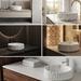 White marble pattern round ceramic table top wash basin 370x370x135 mm with grey veining and vertical fluted exterior design.