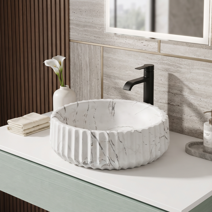 White marble pattern round ceramic table top wash basin 370x370x135 mm with grey veining and vertical fluted exterior design.
