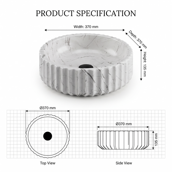 White Marble Pattern Round Ceramic Table Top Wash Basin with Fluted Design – 370×370×135 mm