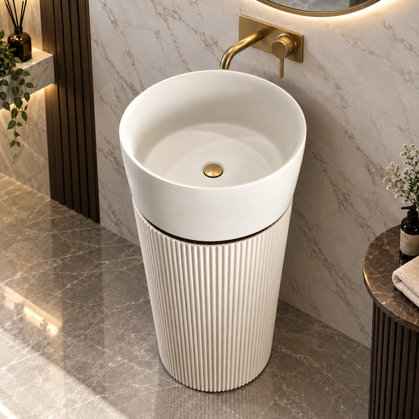 White Artificial Stone Freestanding Pedestal Wash Basin 16×16×34 Inch – Matte Finish with Fluted Design & Gold Accent for Luxury Bathrooms