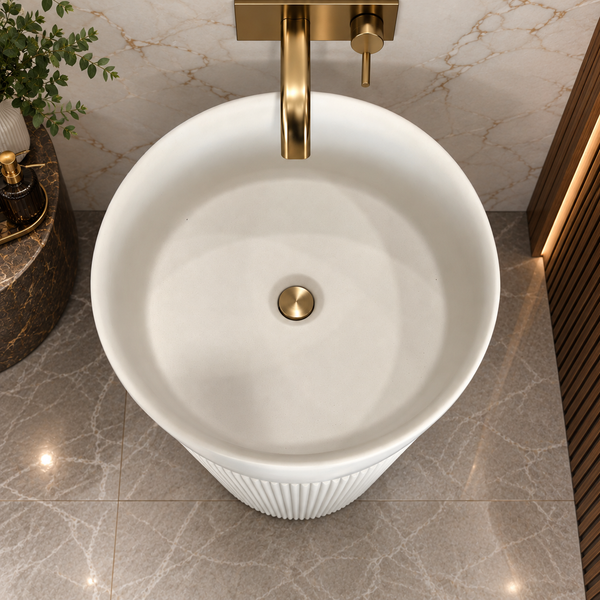 White Artificial Stone Freestanding Pedestal Wash Basin 16×16×34 Inch – Matte Finish with Fluted Design & Gold Accent for Luxury Bathrooms