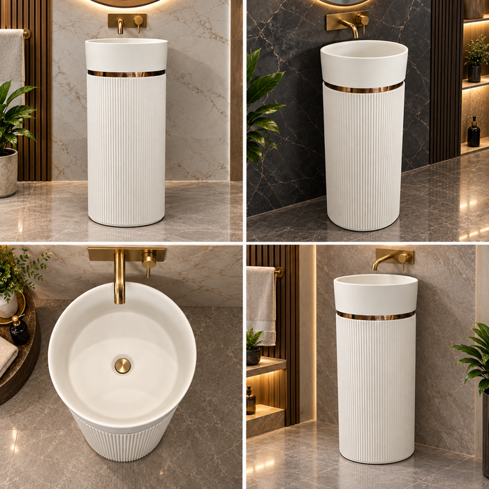 White matte artificial stone freestanding pedestal wash basin with fluted cylindrical design and gold accent, 400×400×860 mm luxury bathroom sink.