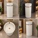White matte artificial stone freestanding pedestal wash basin with fluted cylindrical design and gold accent, 400×400×860 mm luxury bathroom sink.