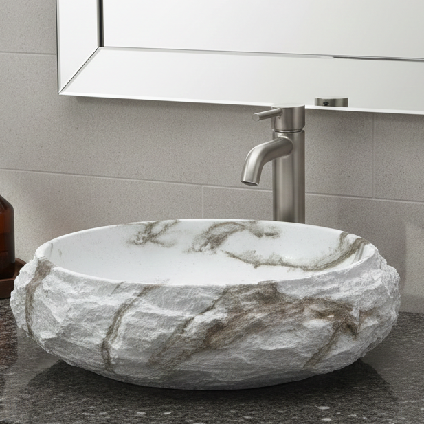 White oval table top wash basin 480 × 390 × 150 mm with natural stone-inspired textured exterior and subtle marble veining for modern luxury bathrooms.