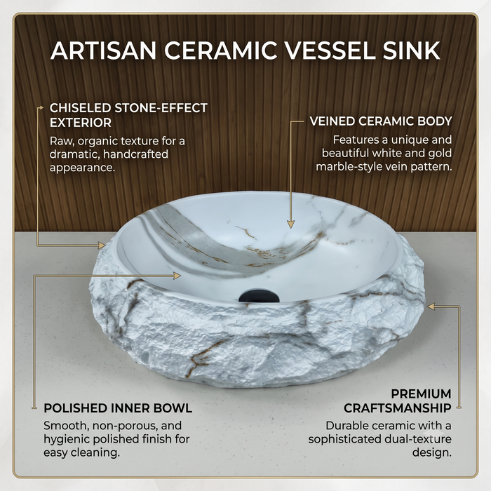 White oval table top wash basin 480 × 390 × 150 mm with natural stone-inspired textured exterior and subtle marble veining for modern luxury bathrooms.