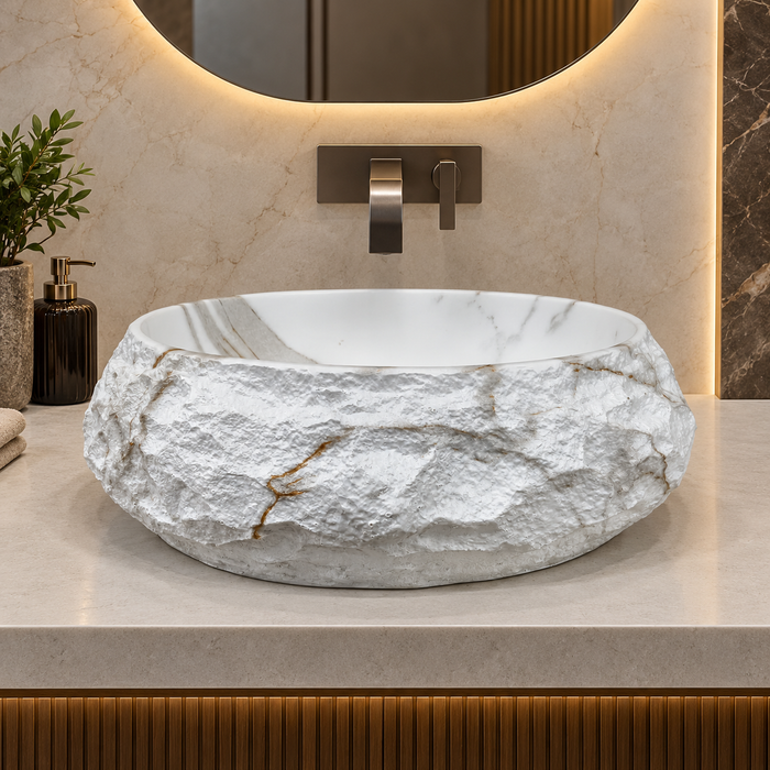White oval table top wash basin 480 × 390 × 150 mm with natural stone-inspired textured exterior and subtle marble veining for modern luxury bathrooms.