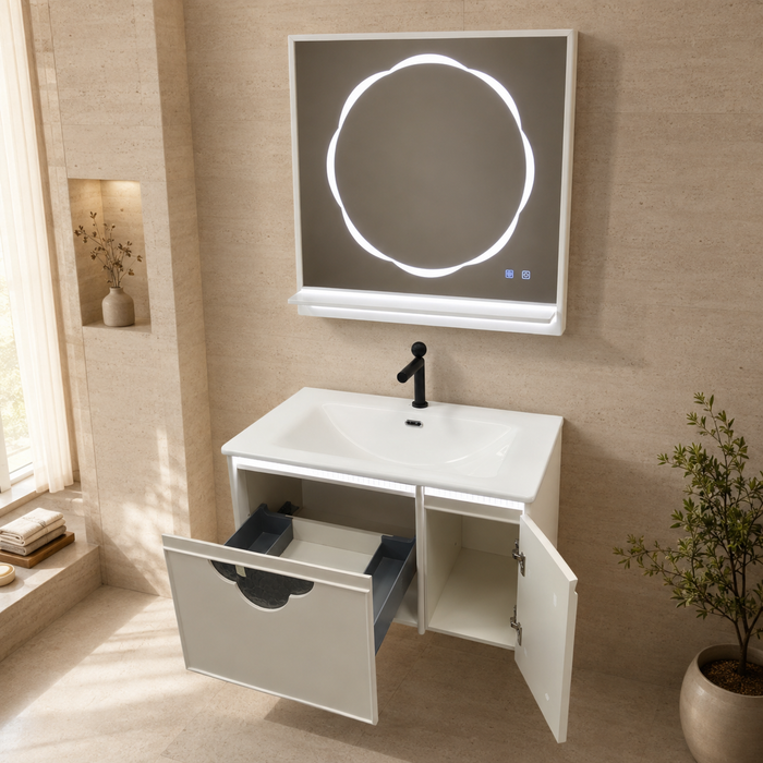 White wall-mounted bathroom vanity set with glossy integrated basin, LED mirror and illuminated storage cabinet.