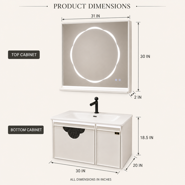White wall-mounted bathroom vanity set with glossy integrated basin, LED mirror and illuminated storage cabinet.