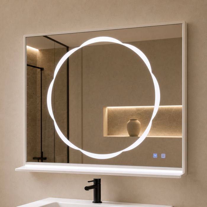 White wall-mounted bathroom vanity set with glossy integrated basin, LED mirror and illuminated storage cabinet.