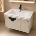 White wall-mounted bathroom vanity set with glossy integrated basin, LED mirror and illuminated storage cabinet.