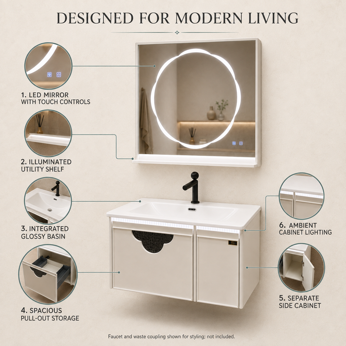 White wall-mounted bathroom vanity set with glossy integrated basin, LED mirror and illuminated storage cabinet.