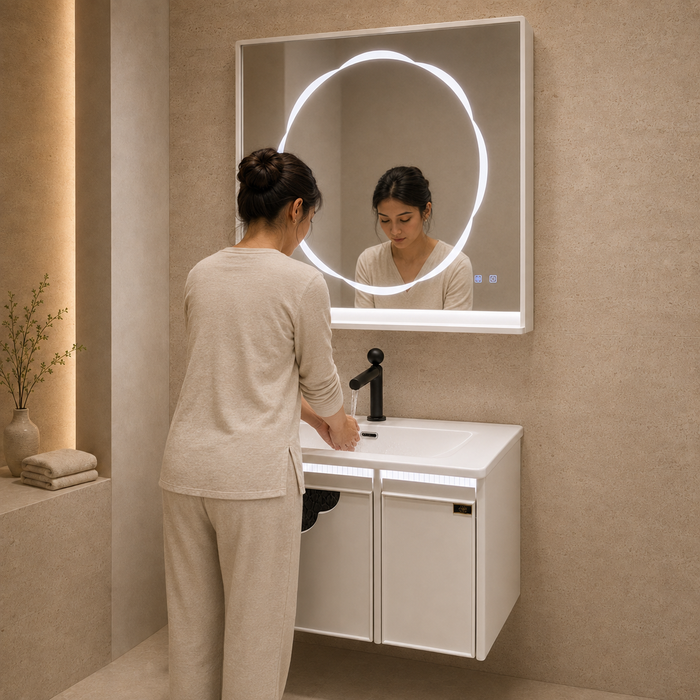 White wall-mounted bathroom vanity set with glossy integrated basin, LED mirror and illuminated storage cabinet.