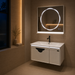 White wall-mounted bathroom vanity set with glossy integrated basin, LED mirror and illuminated storage cabinet.