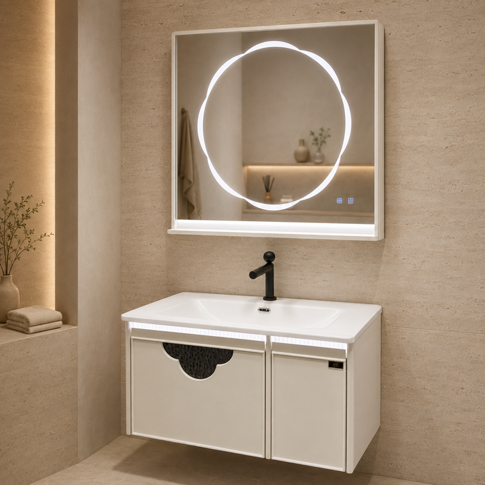White wall-mounted bathroom vanity set with glossy integrated basin, LED mirror and illuminated storage cabinet.