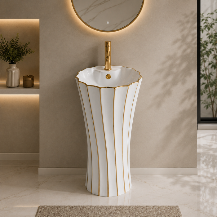 White with Gold Ceramic Pedestal Wash Basin