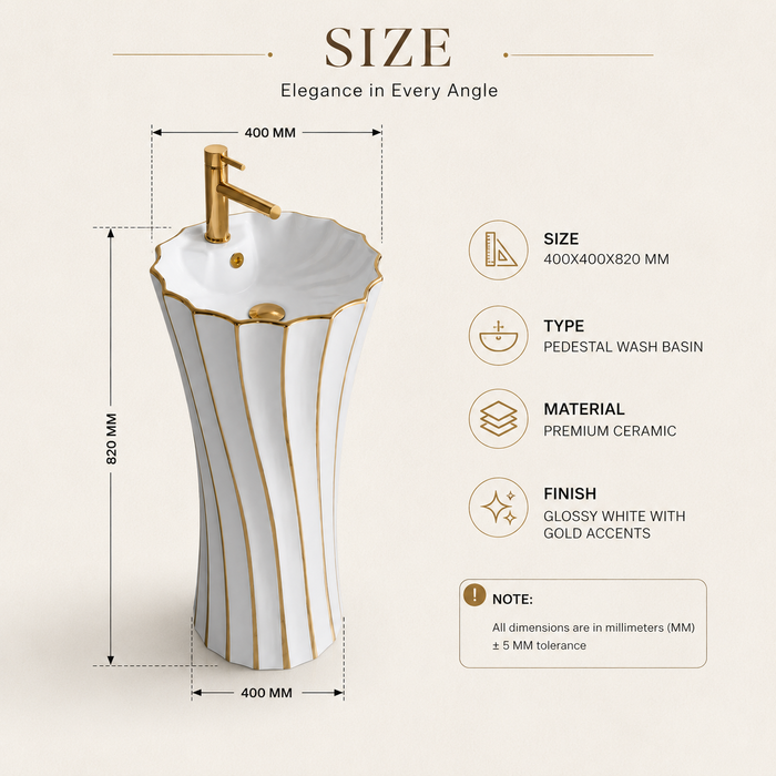 White with Gold Ceramic Pedestal Wash Basin