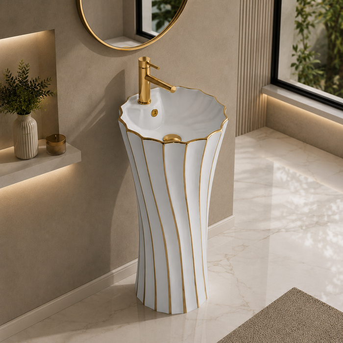 White with Gold Ceramic Pedestal Wash Basin