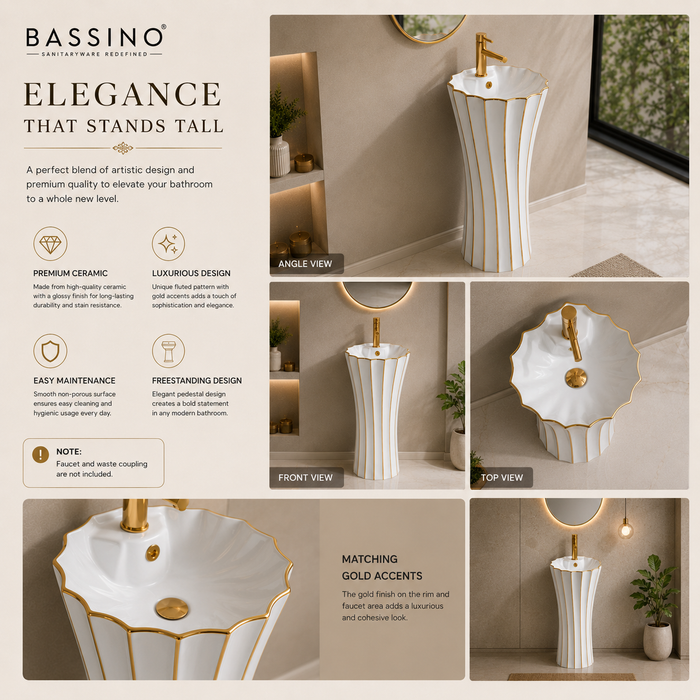 White with Gold Ceramic Pedestal Wash Basin