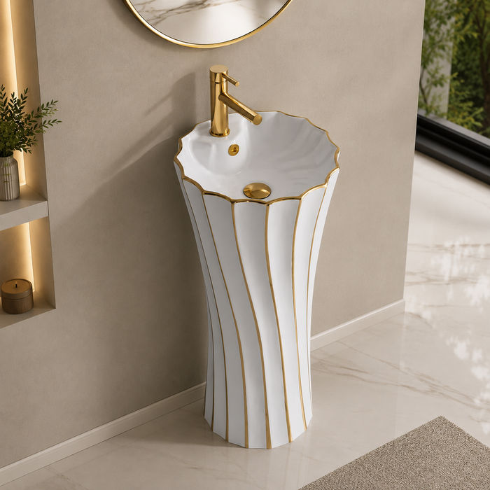 White with Gold Ceramic Pedestal Wash Basin