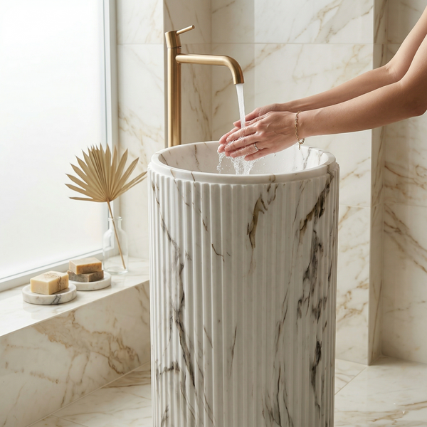 Fluted Marble-Texture Artificial Stone Pedestal Basin | Designer Freestanding Wash Basin (16″ × 16″ × 34.5″) NCASB 2072