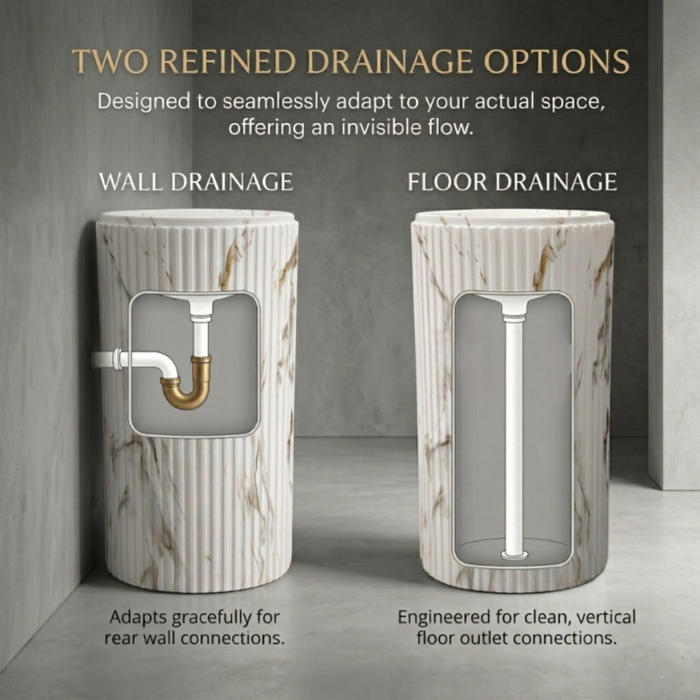 Fluted Marble-Texture Artificial Stone Pedestal Basin | Designer Freestanding Wash Basin (16″ × 16″ × 34.5″) NCASB 2072