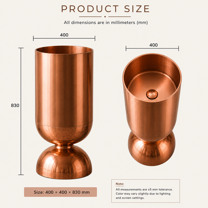 Wine Glass Rose Gold Metal Pedestal Wash Basin size 