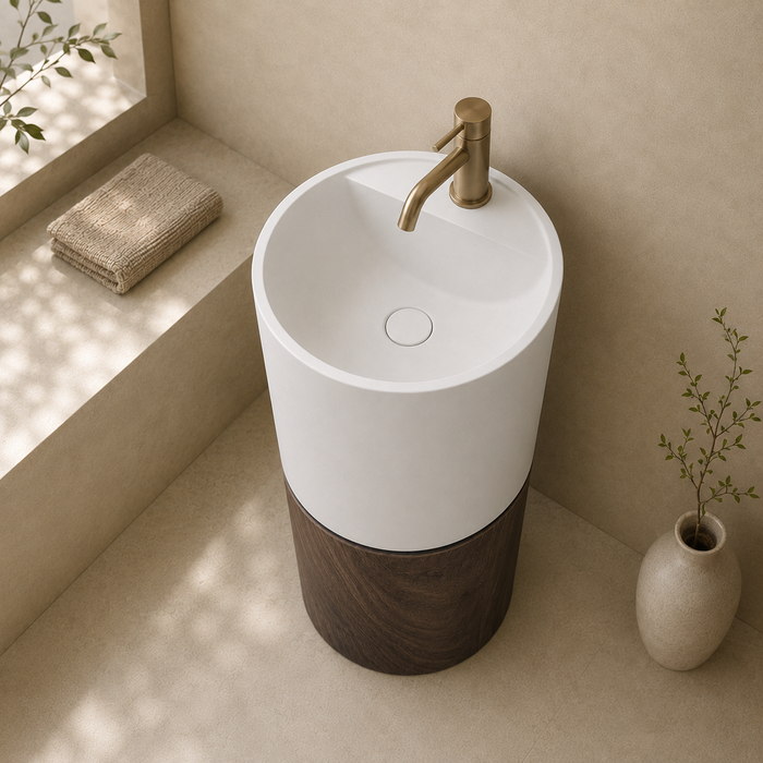 Wooden Accent Artificial Stone Pedestal Wash Basin 