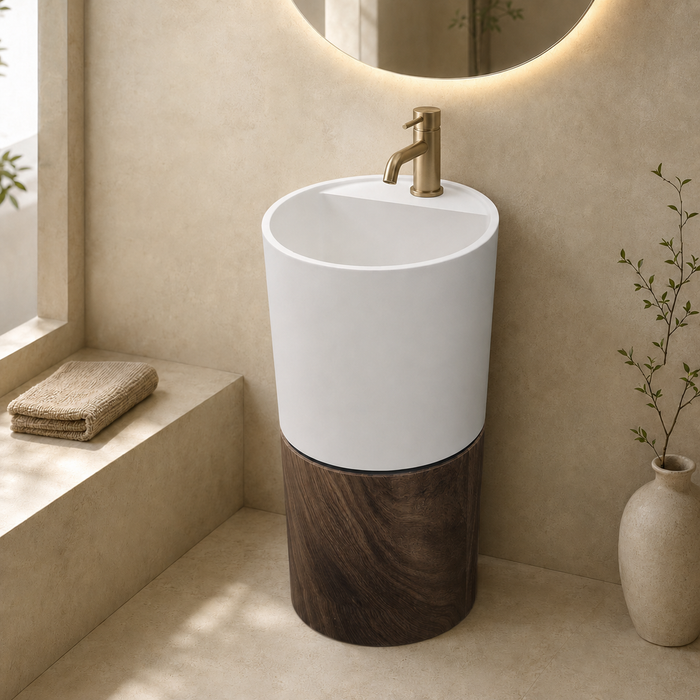 Wooden Accent Artificial Stone Pedestal Wash Basin 