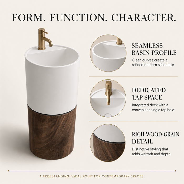 Wooden Accent Artificial Stone Pedestal Wash Basin 