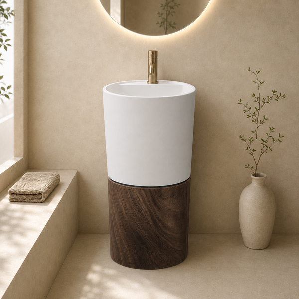 Luxury Artificial Pedestal Basin with Wooden Accent | Designer Freestanding Wash Basin | 19" × 19" × 37" In