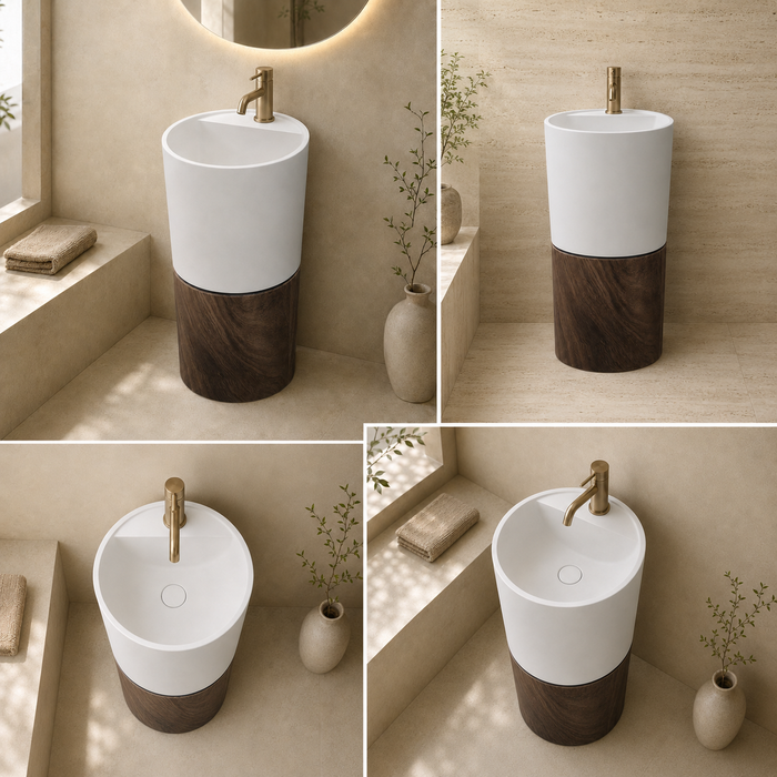 Wooden Accent Artificial Stone Pedestal Wash Basin 