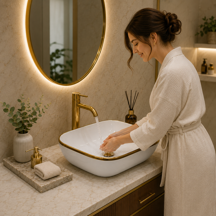 Bassino 18" White Ceramic Countertop Wash Basin with Gold Rim – Luxury Rectangular Vessel Sink (18" x 13" x 6")