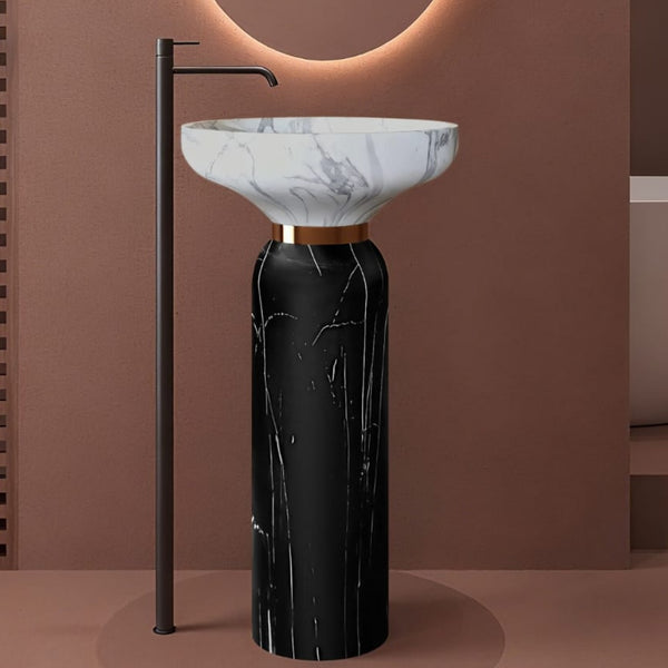 Dual Tone finish Pedestal Wash Basin | Luxury Artificial Stone Freestanding Basin - 17.5″ × 17.5″ × 34″ In Black