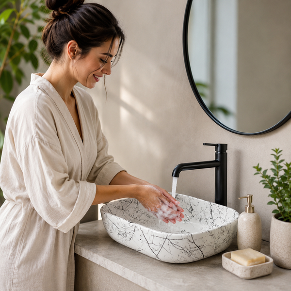 Bassino Marble Vein Ceramic Countertop Wash Basin – Designer Rectangular Vessel Sink (455 x 325 x 145 mm)
