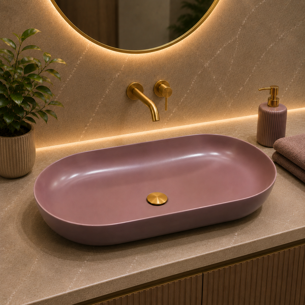 Bassino Oval Table Top Wash Basin | Premium Countertop Bathroom Sink | Matte Pink Basin 31 x 16 Inch