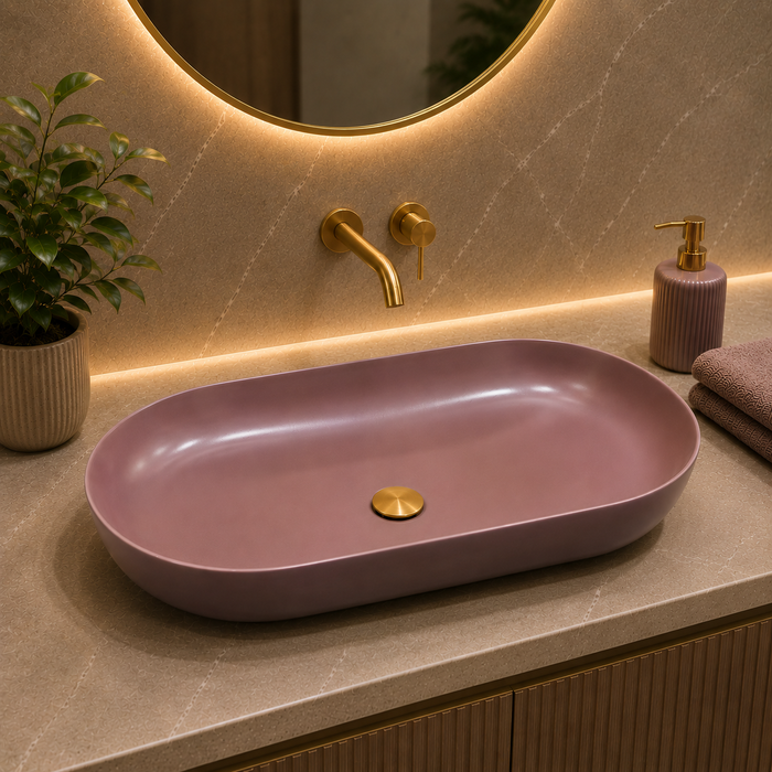 Bassino Oval Table Top Wash Basin | Premium Countertop Bathroom Sink | Matte Pink Basin 31 x 16 Inch