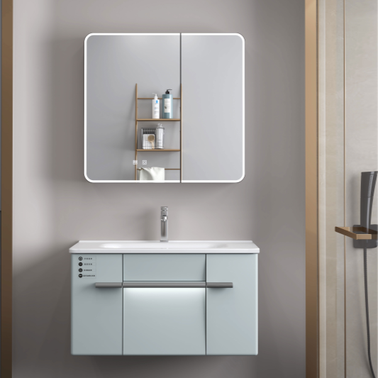 Plywood bathroom vanities and cabinets with led mirror cabinet with ceramic basin