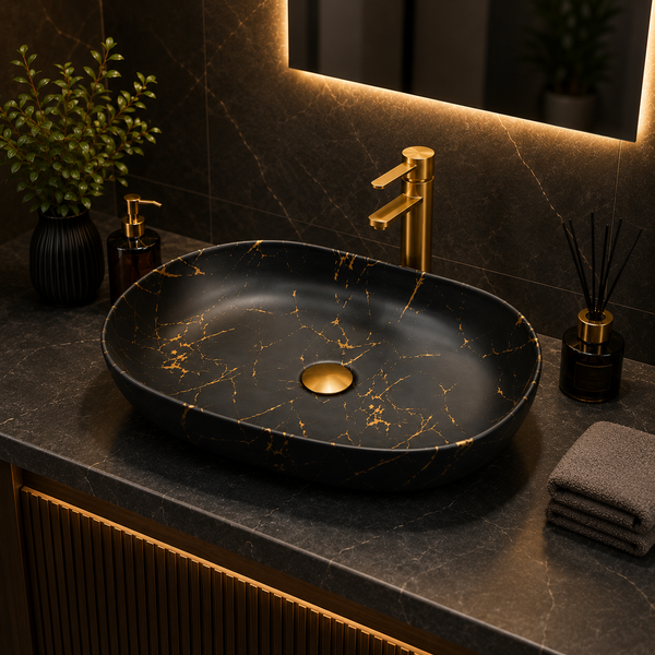 Bassino 24" Black Marble Finish Oval Ceramic Countertop Wash Basin – Luxury Vessel Sink (24" x 16" x 5")