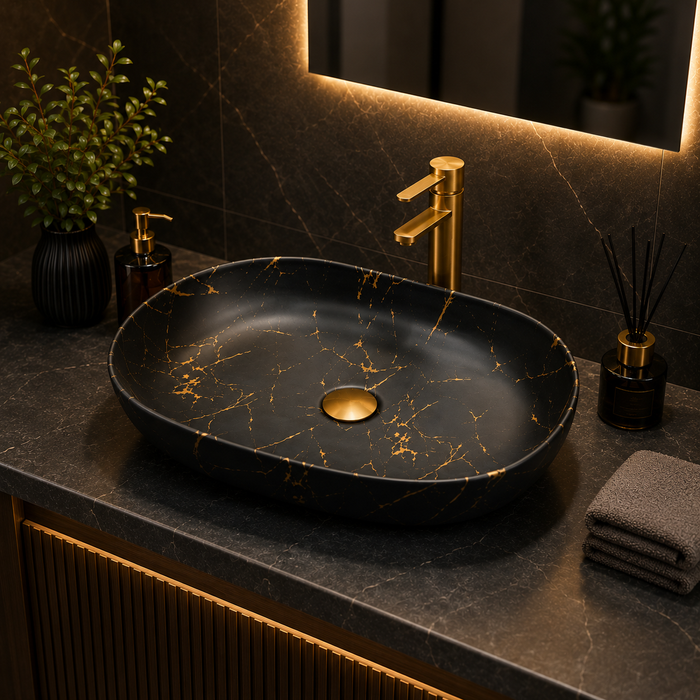 Bassino 24" Black Marble Finish Oval Ceramic Countertop Wash Basin – Luxury Vessel Sink (24" x 16" x 5")